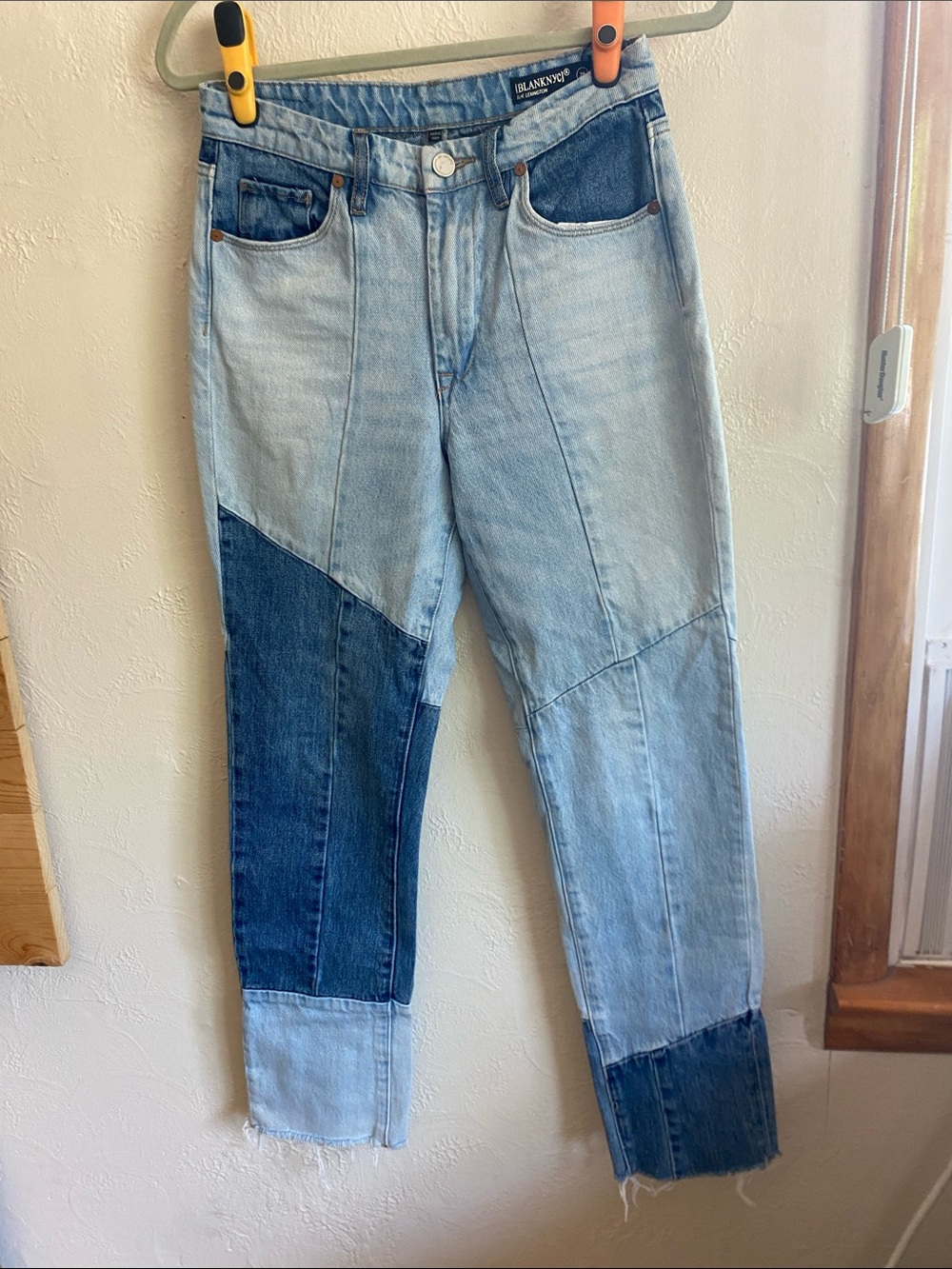 Blank NYC Two-Tone Patchwork Straight Leg Jeans - Light & Dark Blue